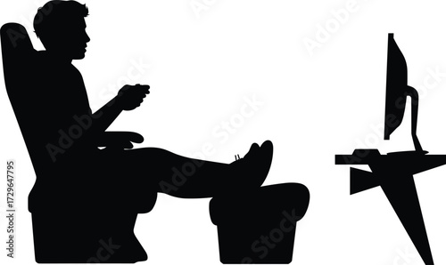 Gamer silhouette, recliner chair, video game setup, black vector, home entertainment, controller in hand, flat vector illustration