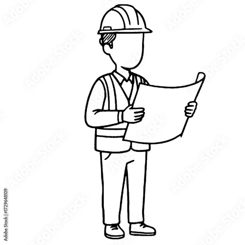 Engineer construction faceless holding blueprint outline illustration