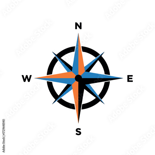 A vibrant black silhouette of a stylized compass rose with clean outlines and cardinal directions, presented as a striking flat 2D vector on a bright white background.
