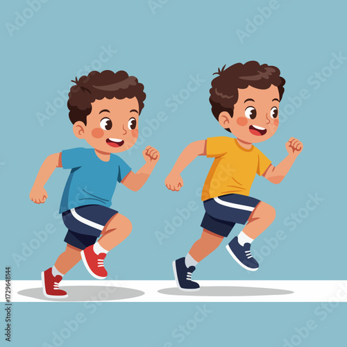 Cartoon Flat Illustration of Two Boys Running in a Race Graphic