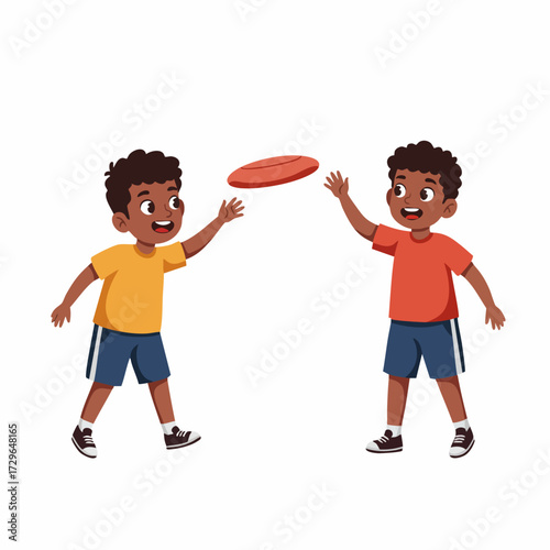 Cheerful Flat Illustration of Two Boys Playing Frisbee Outdoors Scene