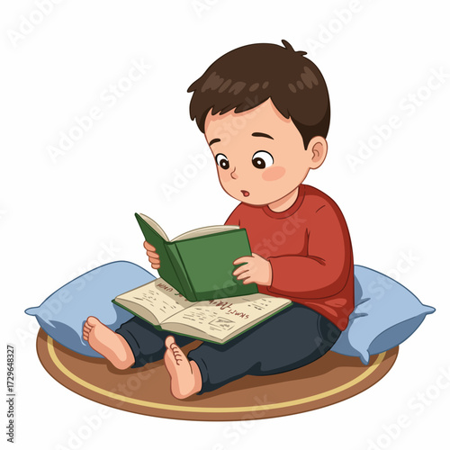 Cute Cartoon Style Little Boy Sitting and Reading a Book Illustration