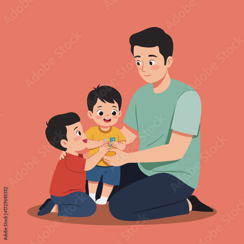 Flat Illustration Father Holding His Two Sons Happy Family Moment