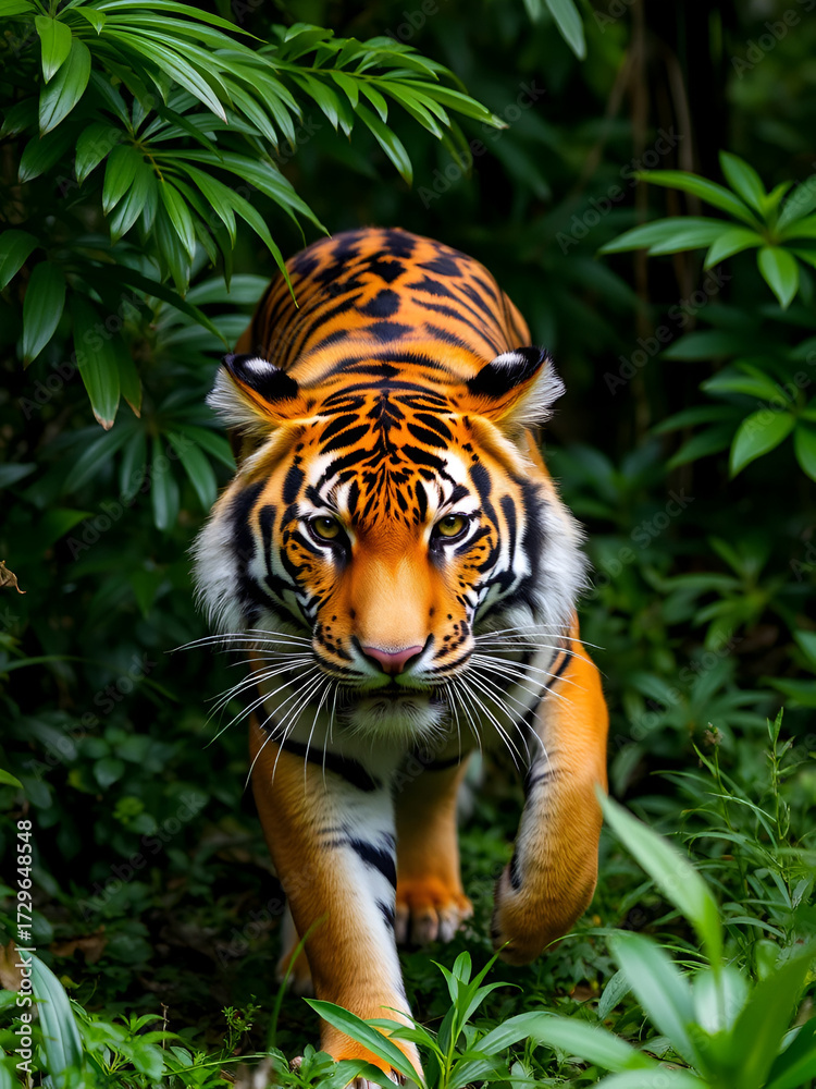 Fototapeta premium Majestic, ancient Indonesian feline species, Javan tiger, roams freely in dense, lush rainforest, showcasing its powerful physique and vibrant orange, black stripes.