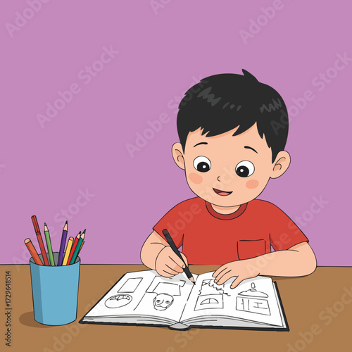Cute Cartoon Boy Drawing on Sketchbook with Colored Pencils Illustration