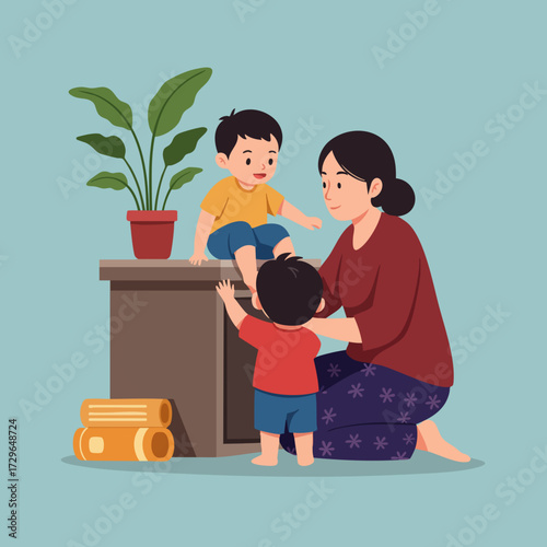 Flat Illustration Mother with Two Children Playing Together at Home Scene
