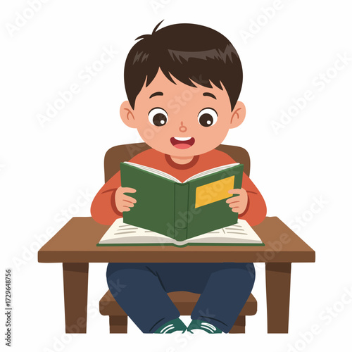 Cartoon Cheerful Boy Reading Book At Wooden Desk Illustration