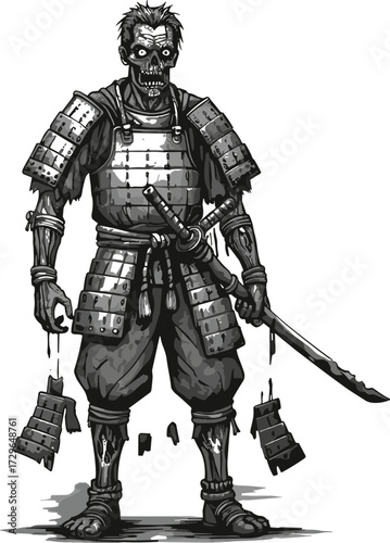 Scary zombie samurai warrior, creepy undead ronin, horror skeleton fighter, spooky Japanese undead, dark samurai monster, gothic warrior illustration, battle armor