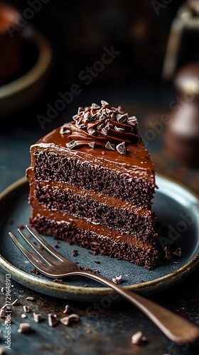 Decadent chocolate fudge cake slice on a dark ceramic plate with fork ready to eat