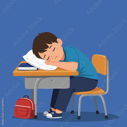 Flat Illustration Sleeping Student Head on Desk with Backpack Education