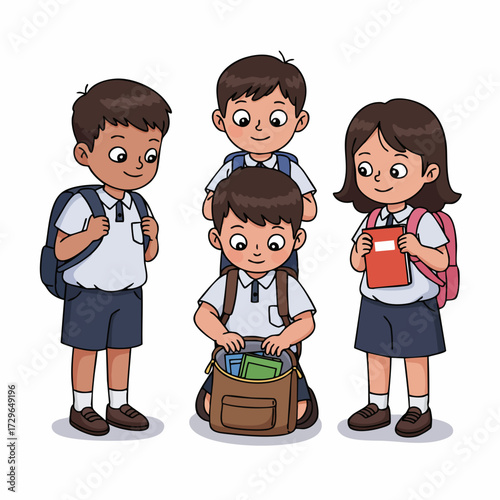 Flat Style Illustration of Primary School Student with Backpack and Friends