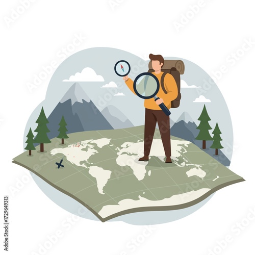 Vibrant 2D flat vector adventurer holding a compass and magnifying glass on a stylized world map, with mountains and trees, embodying global exploration and journey.