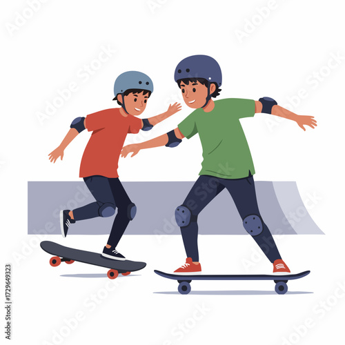 Flat Style Illustration of Two Skateboarder Kids Practicing at Skate Park
