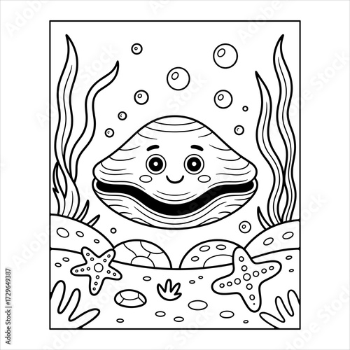 Cute Clam Coloring Page Vector for Kids Printable Ocean Animal Illustration, Smiling Seashell Cartoon Coloring Book Page Underwater Sea Life Vector, Ocean Clam Outline Drawing Coloring Page.