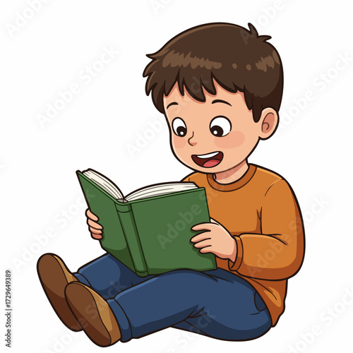 Cartoon Little Boy Reading Book with Happy Expression Illustration