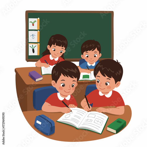 Cartoon Illustration of Children Studying Together in School Classroom
