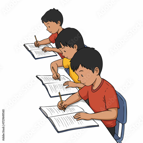 Cartoon Style Line Drawing of Children Studying in School Classroom