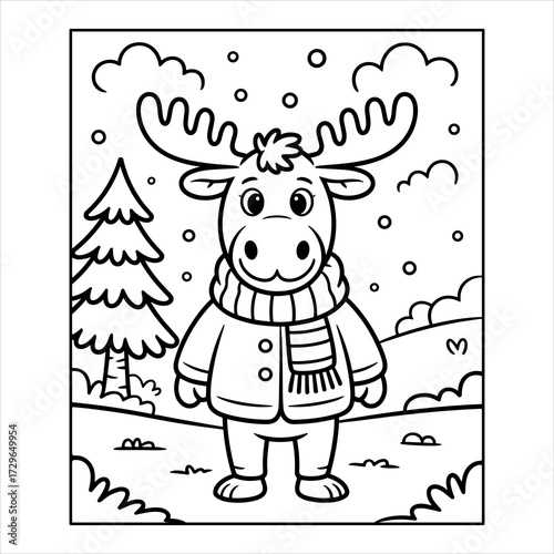 Cute Moose Coloring Page Vector for Kids Winter Animal Illustration, Cartoon Moose Winter Scene Coloring Book Page Outline Vector, Moose Animal Coloring Page Vector Cute Winter Wildlife Illustration.