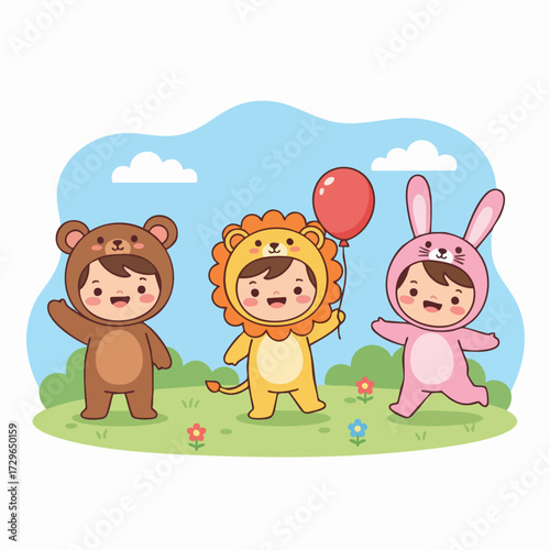 Whimsical Flat Illustration of Children Dressed in Animal Costume Characters