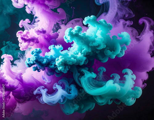 Abstract swirling plumes of teal and purple smoke or ink mixing and floating in a dark space, creating a vibrant and ethereal effect.