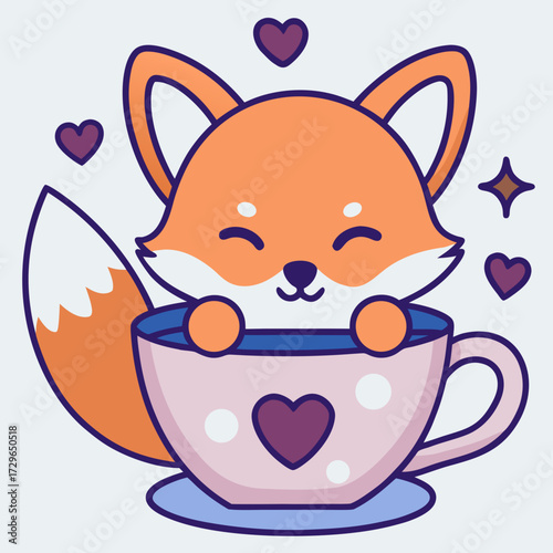Cute smiling fox in a teacup with hearts
