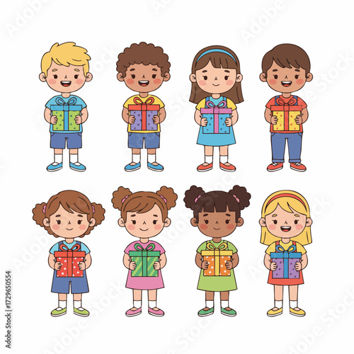 Flat Style Diverse Group of Children Holding Present Box Illustration