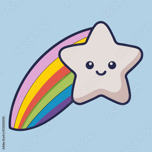 Cute smiling star icon with a rainbow and a blue background