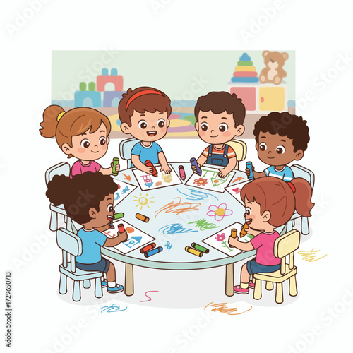 Cartoon Children Painting Activity Around Table Illustration for Kindergarten Education