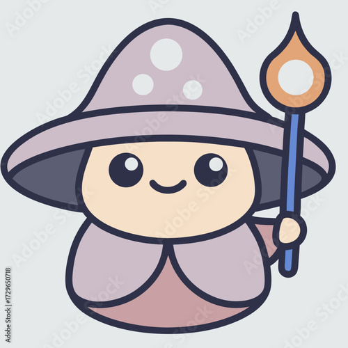 Cute cartoon mushroom wizard holding a glowing staff