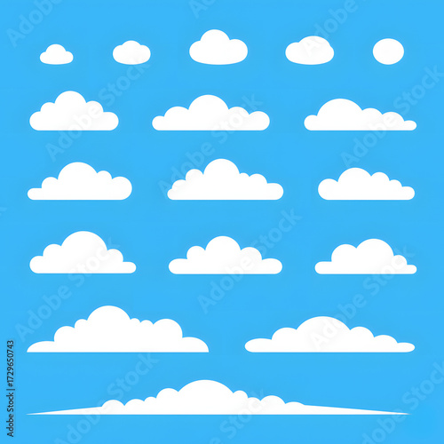 Collection of cartoon style white clouds of various shapes and sizes on a clear blue sky background