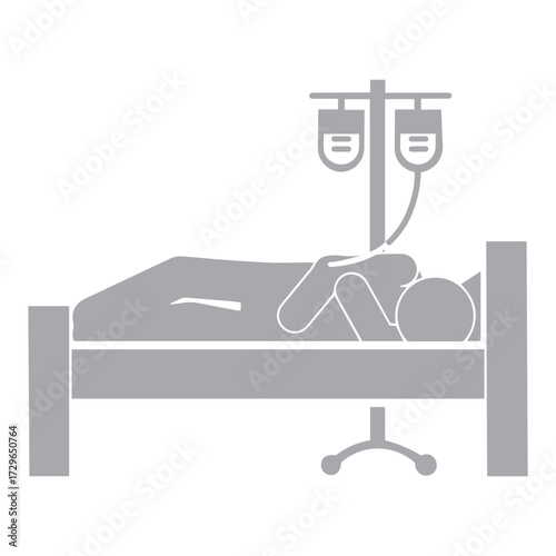 sick person in hospital bed with health medicine infusion stand