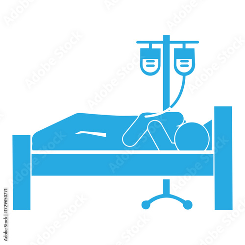 sick person in hospital bed with health medicine infusion stand