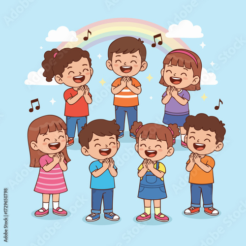 Cute Cartoon Group of Children Singing Together with Joyful Expression Illustration