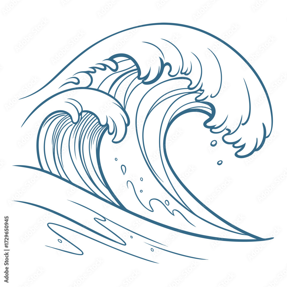 Naklejka premium A stylized blue line art illustration of a powerful ocean wave crashing and breaking with spray and foam against a white background