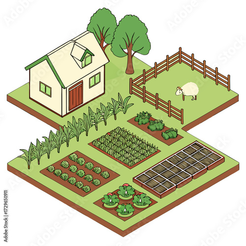 Isometric farm scene with a house cultivated fields of vegetables and crops a fenced sheep pen and two green trees on a sunny day