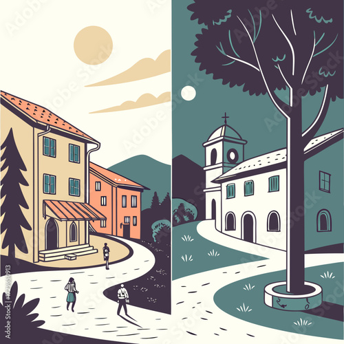 A charming split panel illustration depicts a quaint european village scene with two distinct moods one bathed in sunlight and the other under the moonlit sky