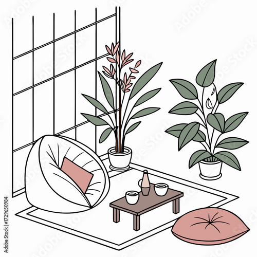 Cozy minimalist living room with a comfortable beanbag chair a low coffee table with tea set and lush green potted plants evoking a sense of calm and relaxation