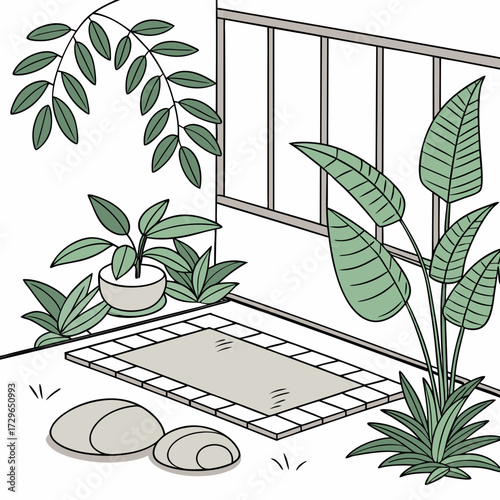 A serene balcony corner with potted plants a decorative rug smooth stones and a railing creating a peaceful outdoor oasis