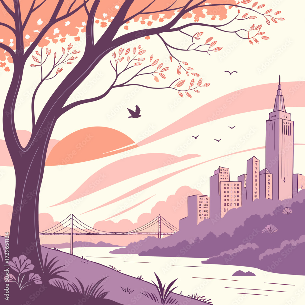 Fototapeta premium Stylized illustration of a serene cityscape at sunset featuring a prominent tree in the foreground a suspension bridge and iconic skyscrapers under a pastel sky with birds in flight