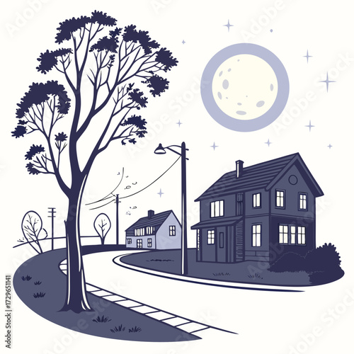 A charming suburban street scene at night with a large full moon illuminating two houses a silhouetted tree and a streetlamp casting a glow