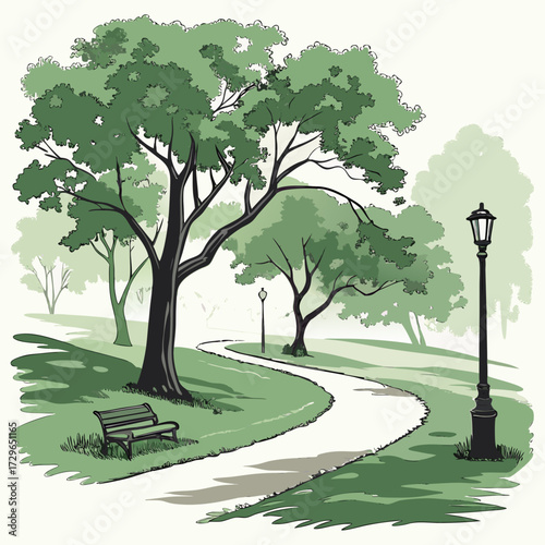 A serene park scene with a winding path lush green trees a solitary bench and a vintage lamppost casting shadows on the grass