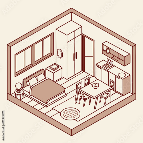 Isometric illustration of a compact studio apartment featuring a bedroom area a small kitchen and a dining table all rendered in a minimalist line art style with a warm sepia tone