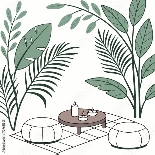 A serene and tranquil illustration featuring lush green tropical plants surrounding a low coffee table with lit candles and comfortable floor cushions creating a peaceful outdoor seating area