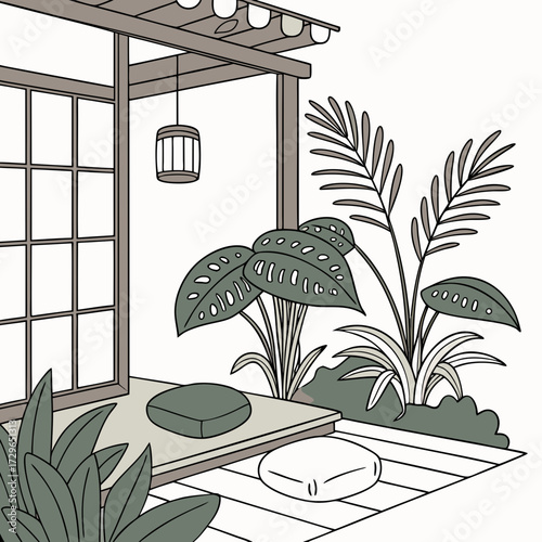 Serene japanese garden veranda with large tropical leaves tatami mats and a traditional lantern creating a peaceful outdoor seating area
