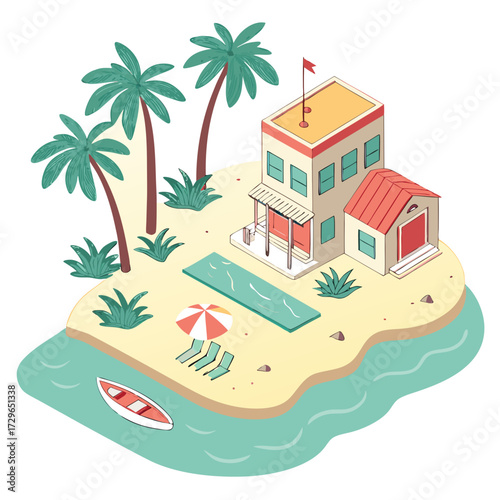 Charming isometric illustration of a tropical island getaway featuring a villa swimming pool palm trees beach chairs and a kayak by the turquoise ocean