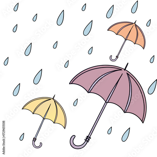 Three colorful cartoon umbrellas protecting from light rain and raindrops falling against a white background representing a cheerful rainy day