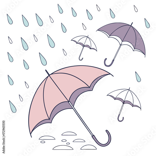 Cute cartoon illustration of falling rain drops and colorful umbrellas protecting from the weather on a white background