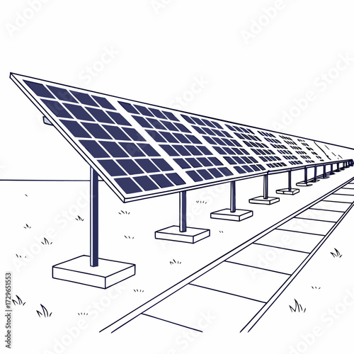 A long row of solar panels stretches into the distance set against a clean white background with simple grass details and a path