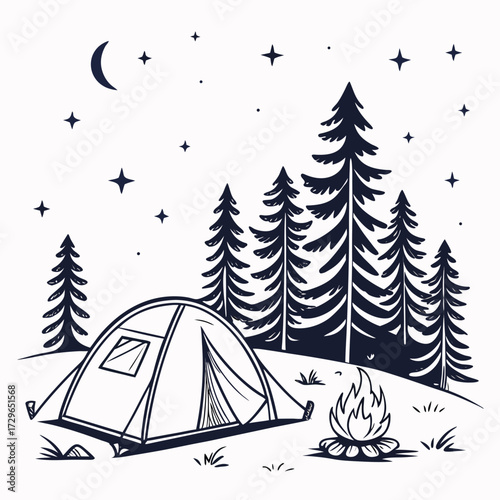 A whimsical hand drawn illustration of a tent pitched in a forest clearing under a starry night sky with a crescent moon and a campfire glowing brightly