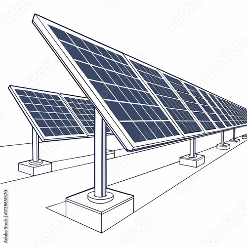 A clean line drawing illustration of a solar panel array with dark blue panels angled towards the sky set against a white background representing renewable energy